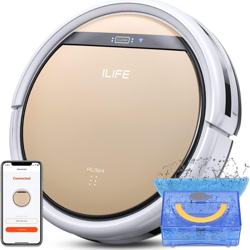 ILIFE V5s Plus Robot Vacuum and Mop Combo with Wi-Fi/App/Alexa, Automatic Self-Charging Robotic Vacuum Cleaner, Slim and Quiet, Cleans Hard Floors Carpets and Pet Hair (V5s Pro Upgrade Version)